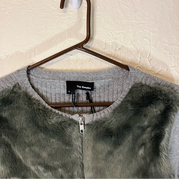 THE Kooples Faux Fur Front Wool Cashmere Blend Ribbed Zip Up in Grey - Picture 2 of 11